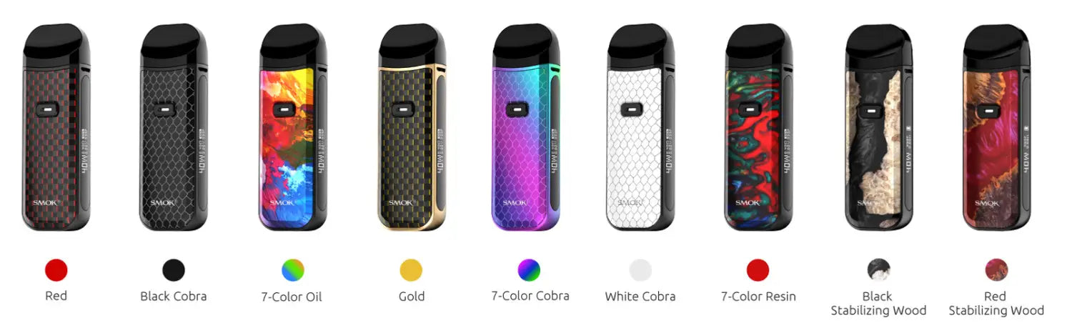 Colorful Smok Nord 2 40W Pod Kit devices showcasing user-friendly design and unique patterns.