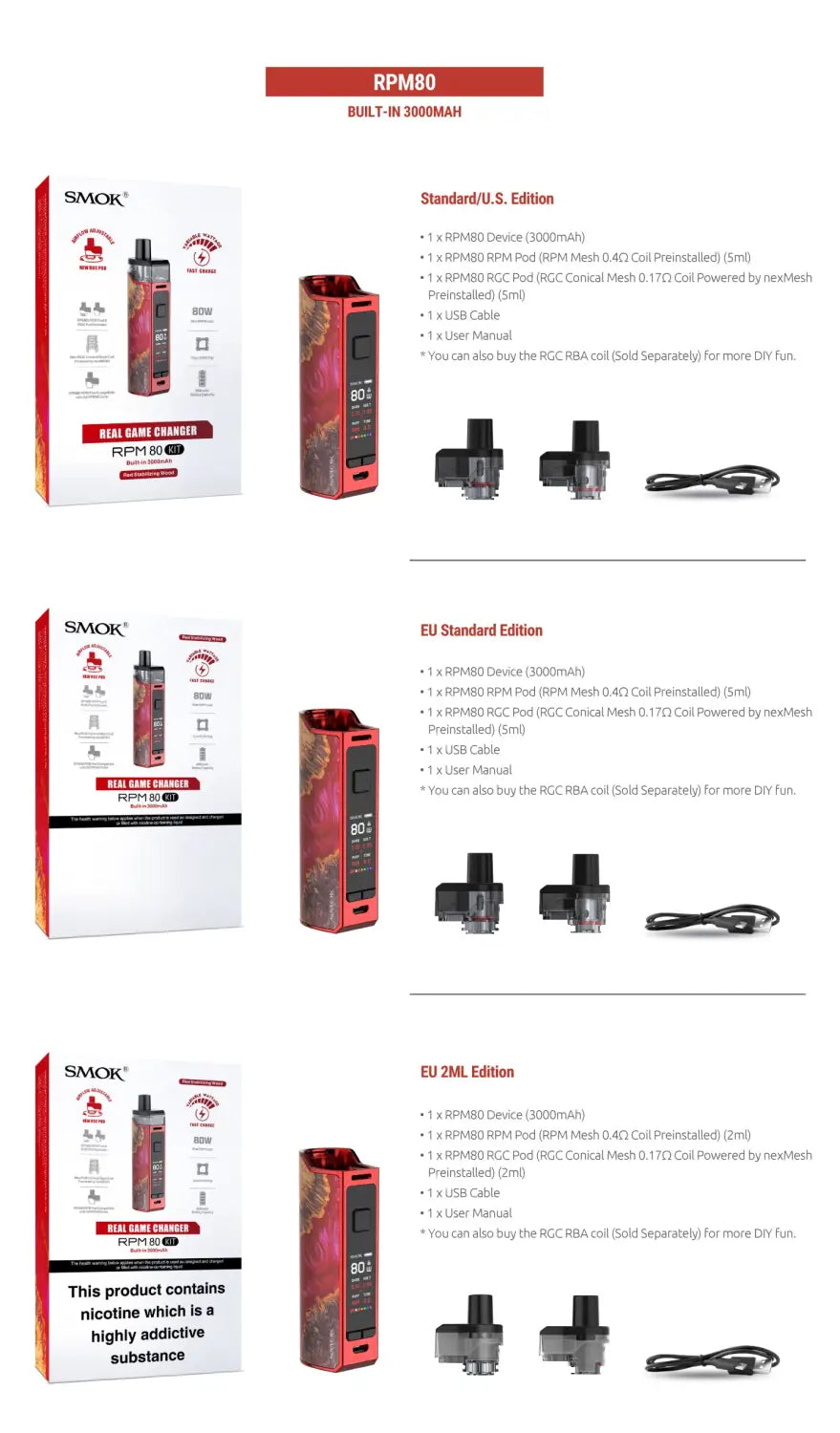 Product comparison chart for Smok RPM 80W Pod Kit with specifications and accessories.