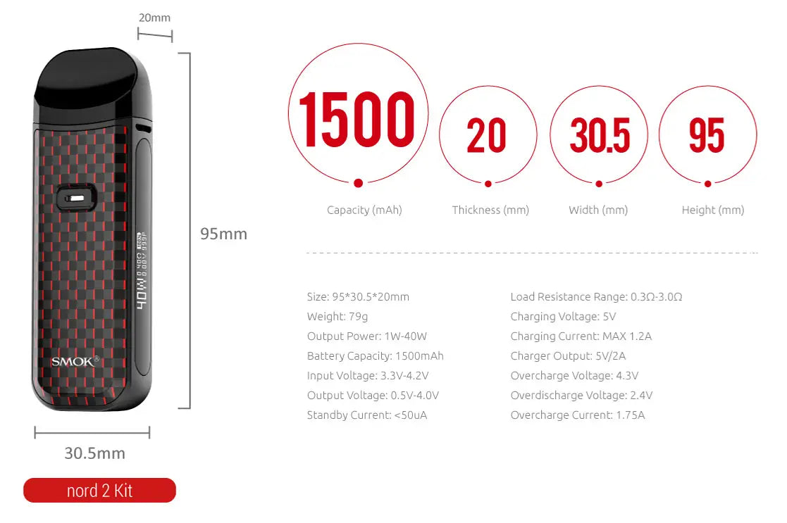 Vape device with technical specs for Smok Nord 2 40W Pod Kit user-friendly design.