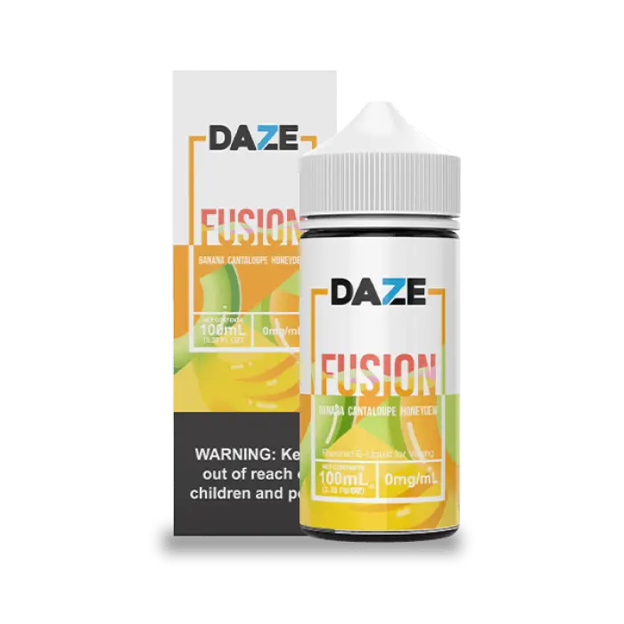 Bottle of ’Daze Fusion’ e-liquid with yellow and green packaging.