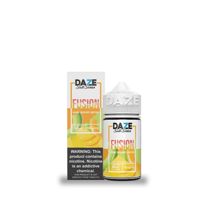 Bottle of ’Daze’ brand e-liquid in ’Fusion’ flavor with orange and green packaging.