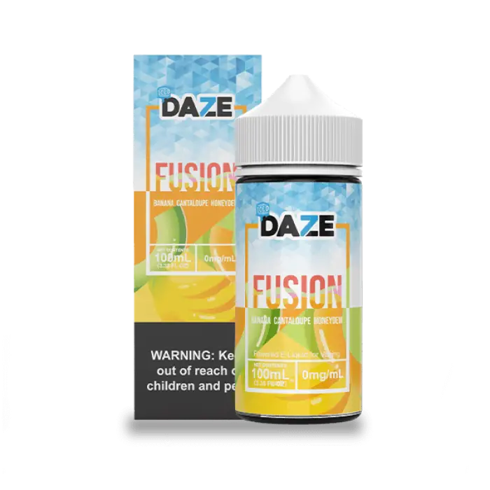 Bottle of e-liquid or vape juice labeled ’DAZE FUSION’ with fruit flavors depicted on the packaging.