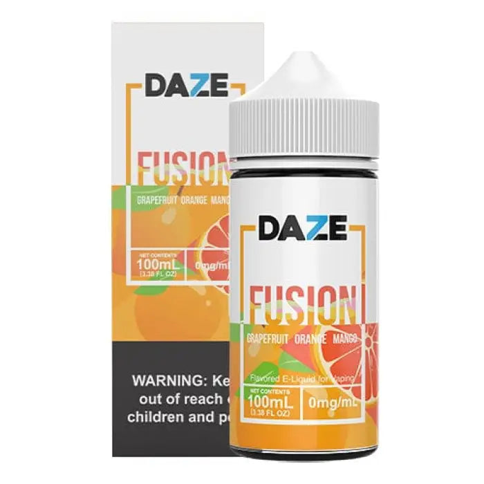 E-liquid bottle and packaging for ’7 Daze Fusion’ vape juice in grapefruit orange mango flavor.