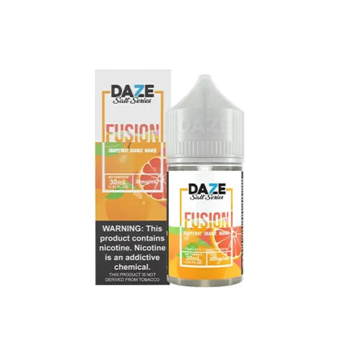 E-liquid bottle labeled ’7 Daze Fusion’ with citrus fruit flavoring and a nicotine warning.