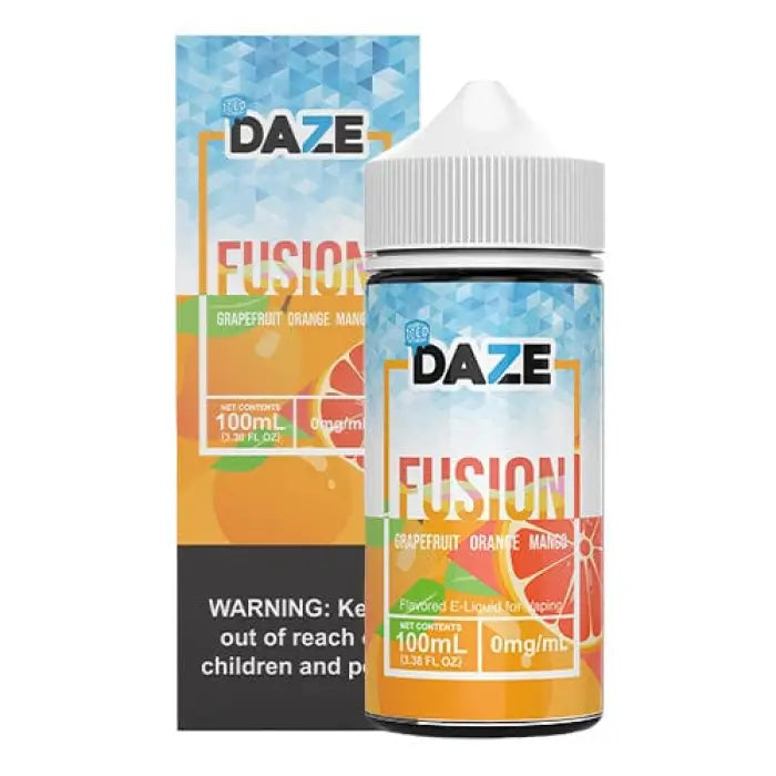 E-liquid bottle with colorful packaging featuring citrus fruit imagery and the brand name ’7 DAZE FUSION’.