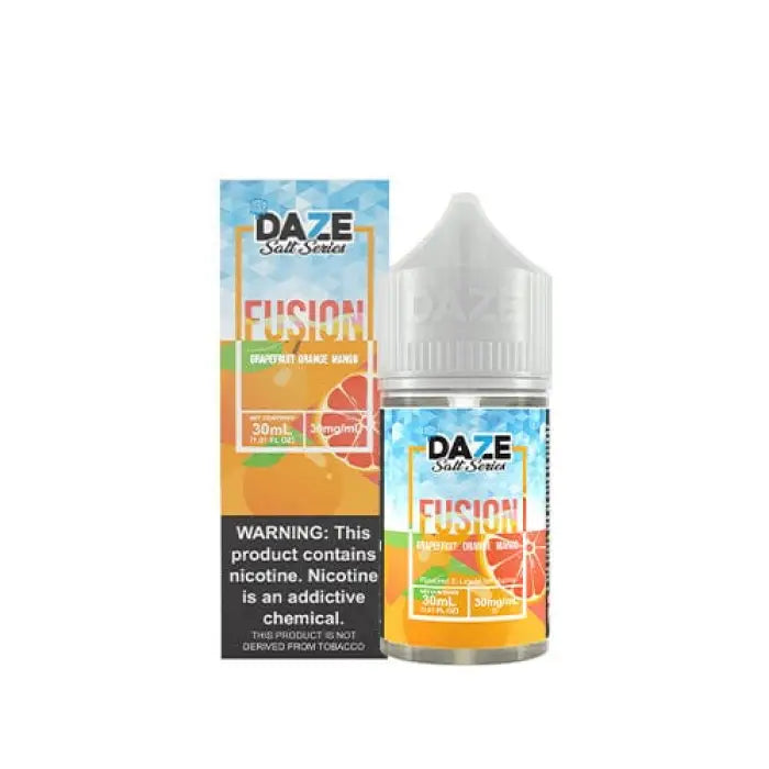 Bottle of ’Daze Fusion’ e-liquid with orange and grapefruit flavor packaging.