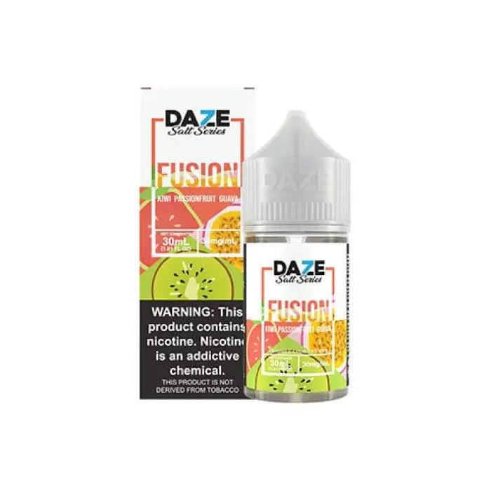 E-liquid bottle labeled ’Daze Fusion’ with fruit imagery and a nicotine warning.