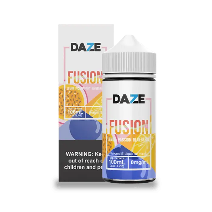 E-liquid bottle and packaging for a product called ’Daze Fusion’ with a citrus flavor theme.