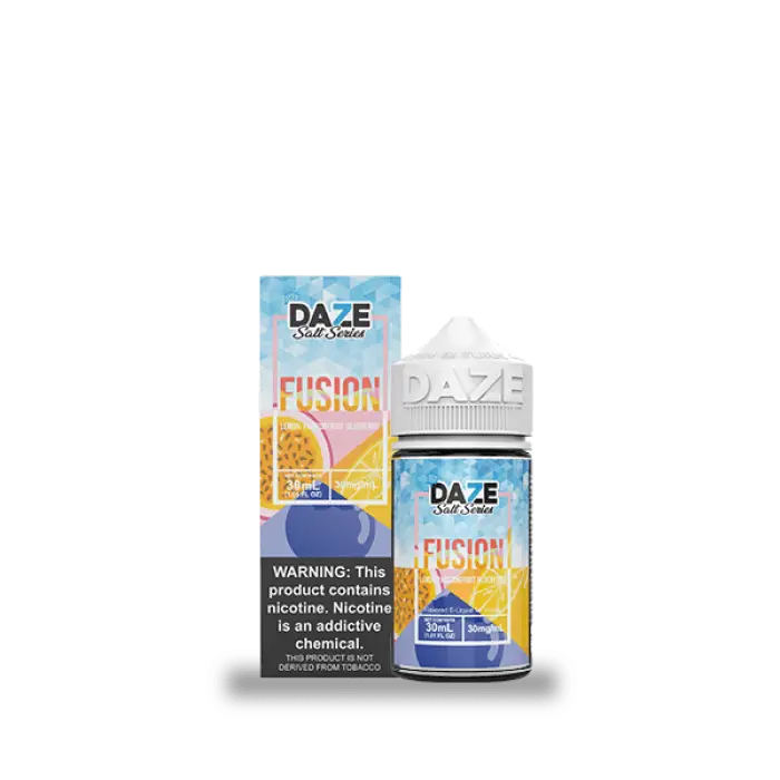 E-liquid bottle with colorful packaging labeled ’DAZE Fusion’ featuring fruit imagery.