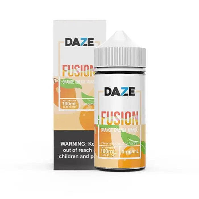 Bottle of Daze Fusion e-liquid with orange and green packaging.