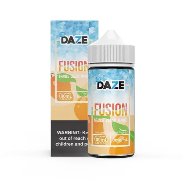 E-liquid bottle labeled ’DAZE Fusion’ with orange and green design elements.