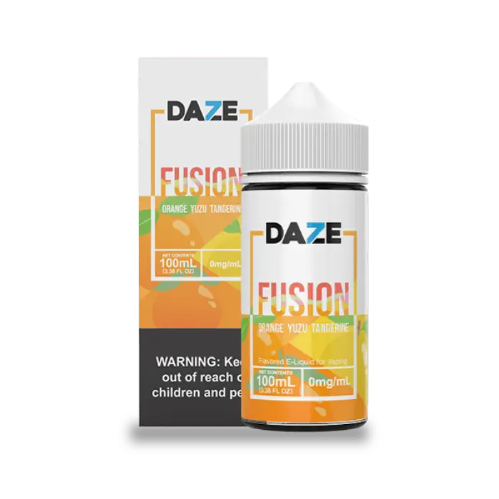 Bottle of ’7 Daze Fusion’ e-liquid with orange and yellow packaging.