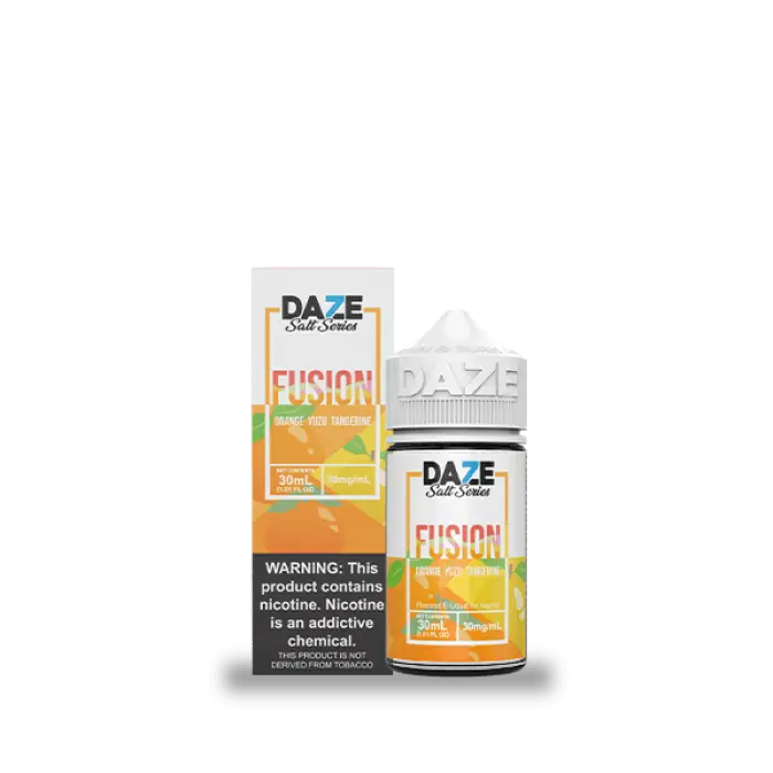 E-liquid bottle with orange and white packaging labeled ’Daze Fusion’ alongside its product box.