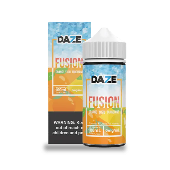 E-liquid bottle and packaging for a product called ’7 Daze Fusion’ in orange and blue colors.