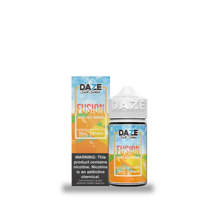 E-liquid bottle with colorful packaging labeled ’DAZE Fusion’ featuring orange and blue tones.