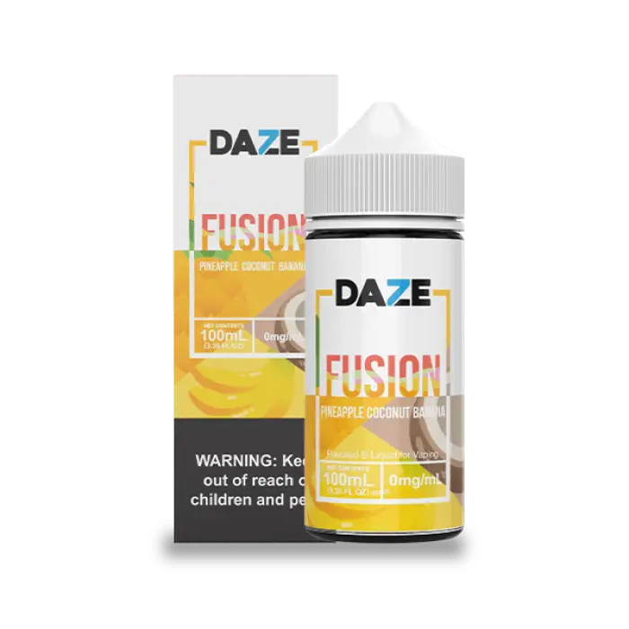 E-liquid bottle and packaging for ’Daze Fusion’ flavor, featuring yellow and white design elements.