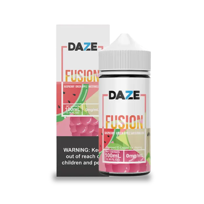 E-liquid bottle and packaging for a product called ’7 Daze Fusion’ in watermelon flavor.