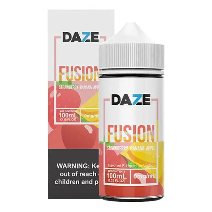 E-liquid bottle labeled ’DAZE FUSION’ with packaging showing strawberry and banana flavors.