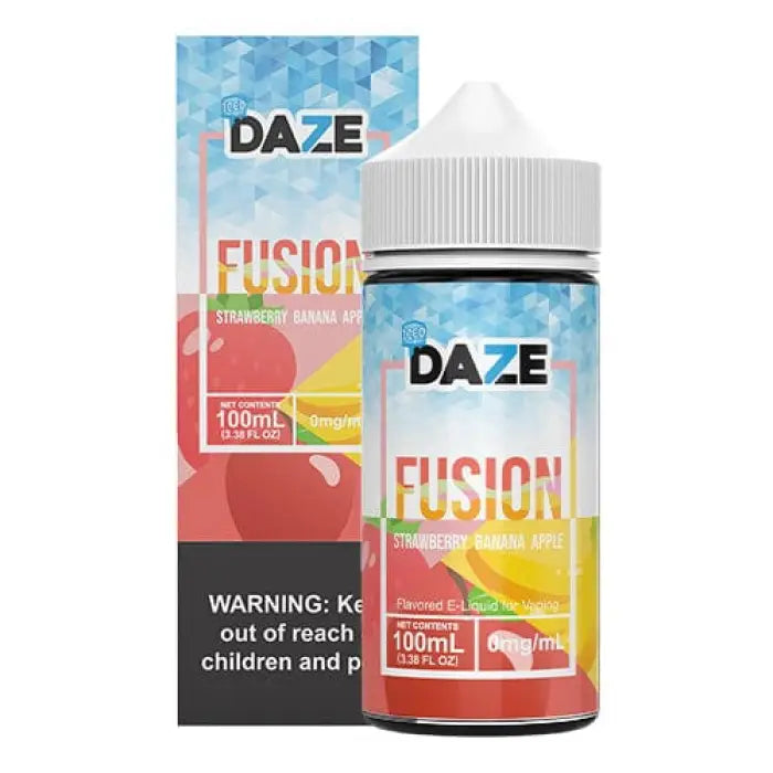 E-liquid bottle with colorful packaging labeled ’7 DAZE FUSION’ for vaping.