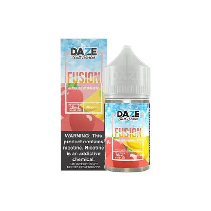 E-liquid bottle with colorful packaging labeled ’Daze Fusion’ in a fruity flavor.