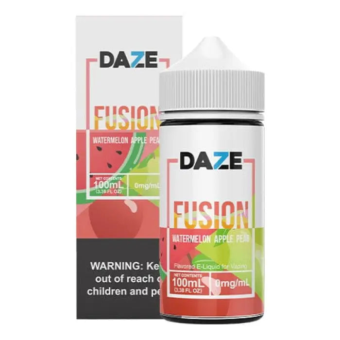 E-liquid bottle and packaging for ’Daze Fusion’ watermelon apple flavor vape juice.