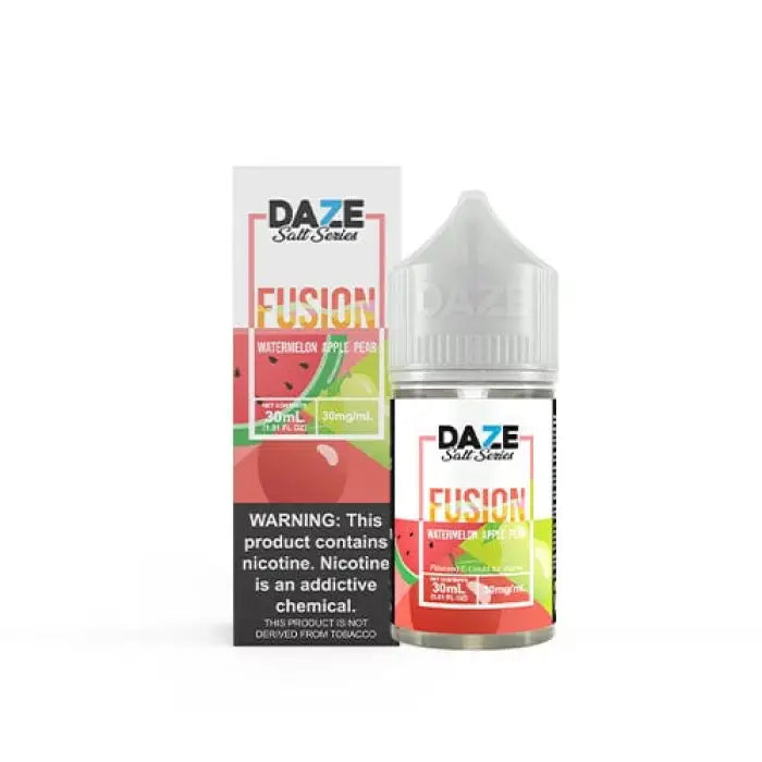 E-liquid bottle and packaging for ’Fusion’ flavor by Daze vape juice brand.