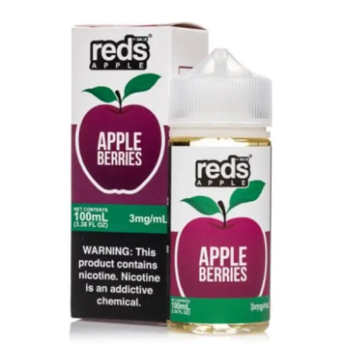 E-liquid bottle and packaging for Reds Apple Berries vape juice.