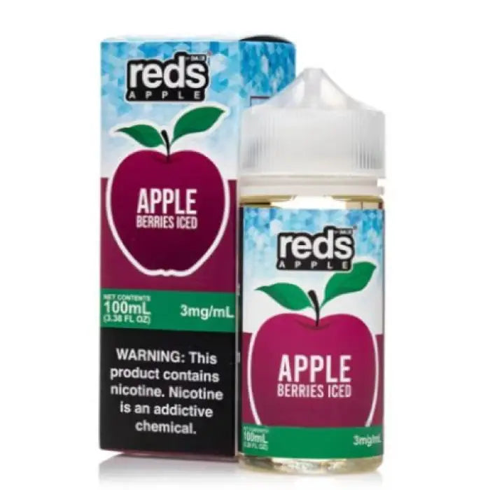 E-liquid bottle and packaging for Reds Apple Berries Iced vape juice.