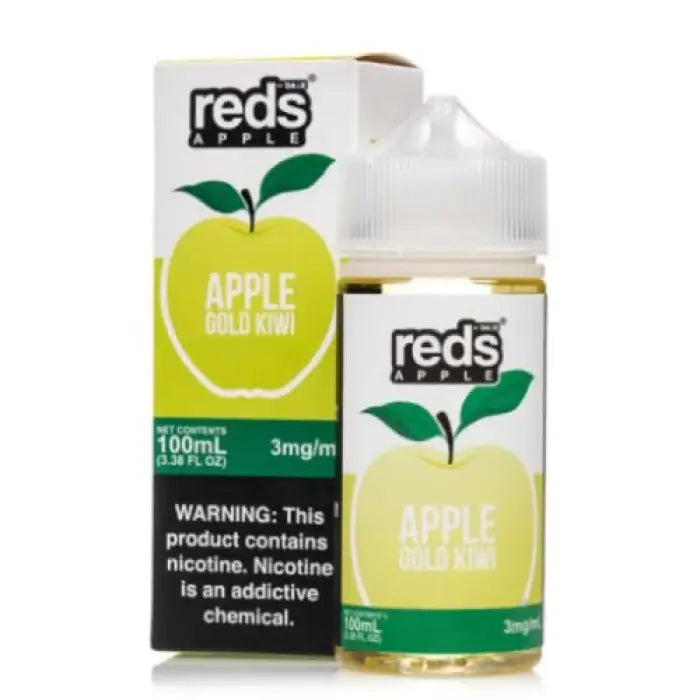 E-liquid bottle and packaging for Reds Apple flavored vape juice.