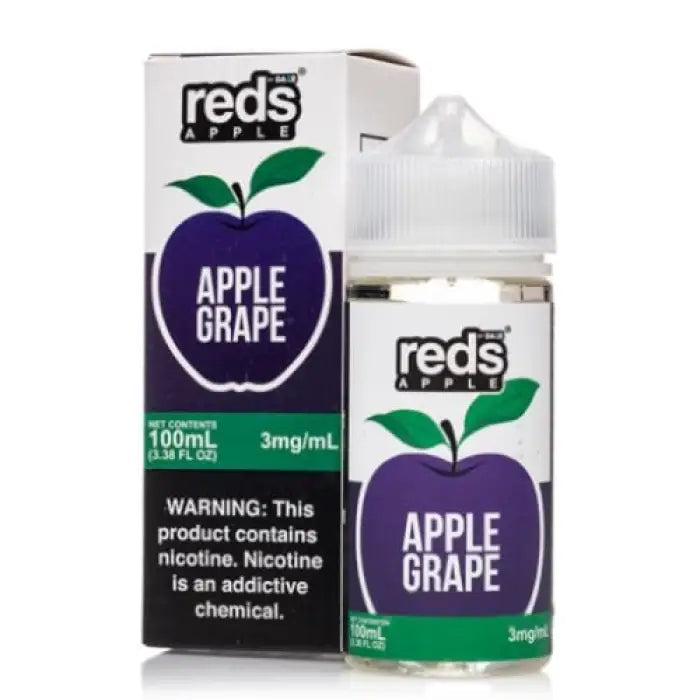 E-liquid bottle and packaging for Reds Apple Grape flavor.