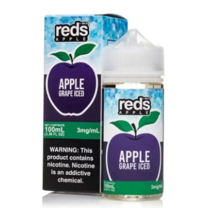 E-liquid bottle and packaging for Reds Apple Grape Iced flavor.