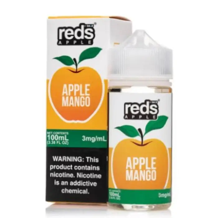 E-liquid bottle and packaging for Reds Apple Mango flavor vape juice.