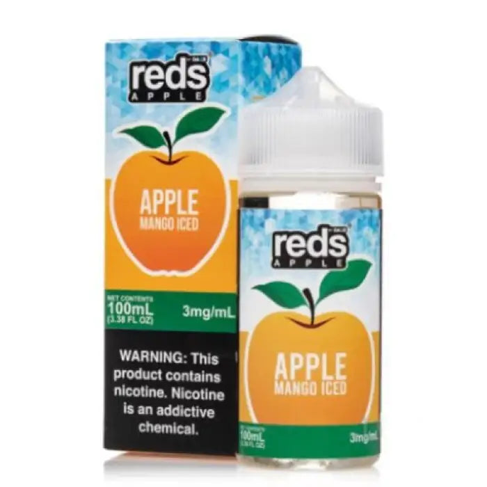 E-liquid bottle and packaging for Reds Apple Mango Iced flavor.