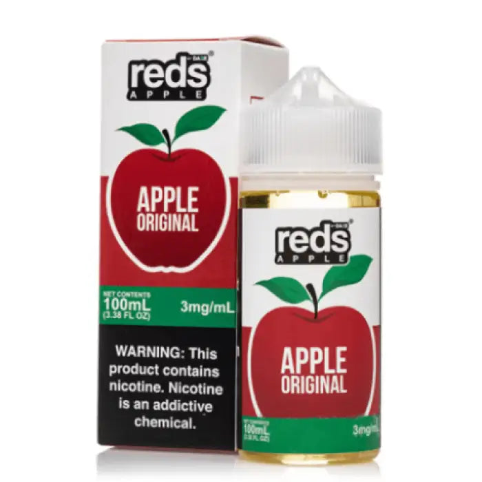 E-liquid bottle and packaging for Reds Apple Original flavor vape juice.