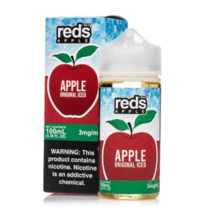 E-liquid bottle and packaging for Reds Apple flavored vape juice.