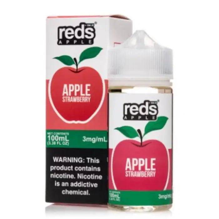 E-liquid bottle and packaging for Reds Apple Strawberry flavor vape juice.