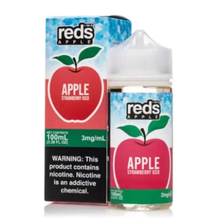 E-liquid bottle and packaging for Reds Apple Strawberry Ice flavor.