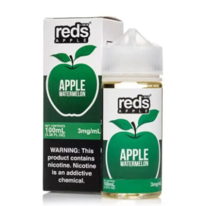 E-liquid bottle and packaging for Reds Apple Watermelon flavor vape juice.