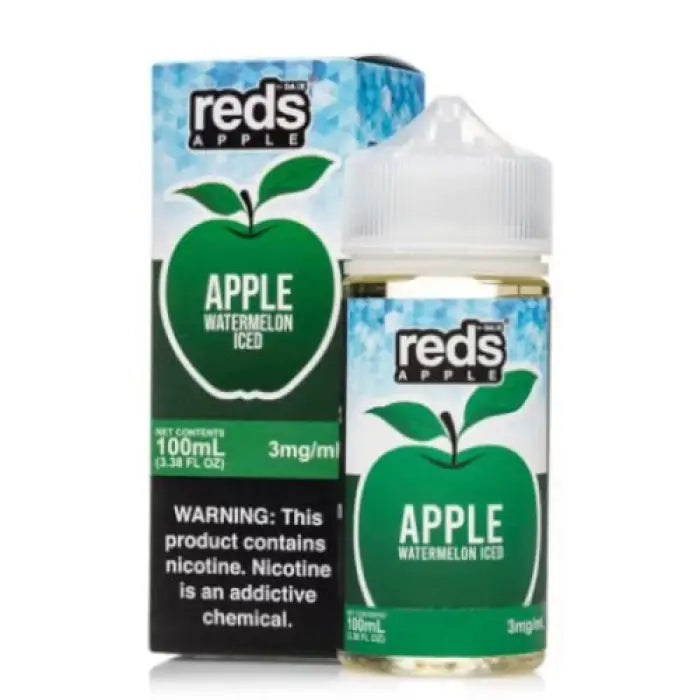 E-liquid bottle and packaging for Reds Apple Watermelon Ice flavor vape juice.