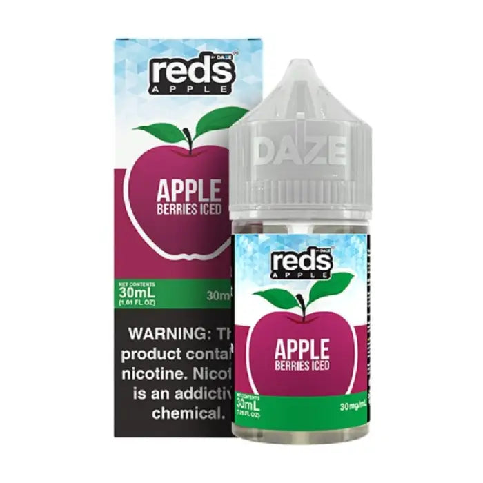 Bottle of Reds Apple Berries Iced e-liquid with its product packaging.