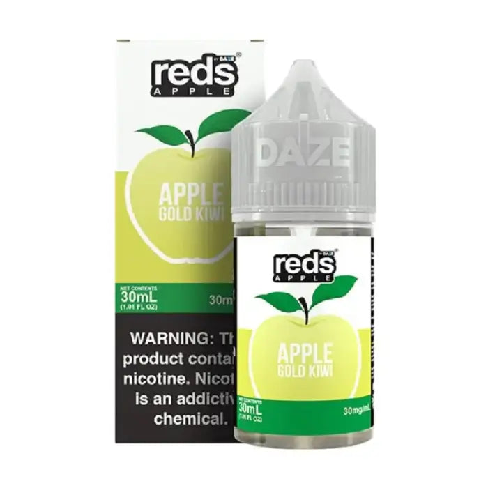 Bottle of Reds Apple Gold Iced e-liquid with accompanying packaging.