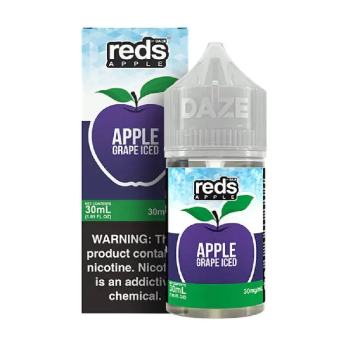 Bottle of Reds Apple Grape Iced e-liquid with its product packaging.