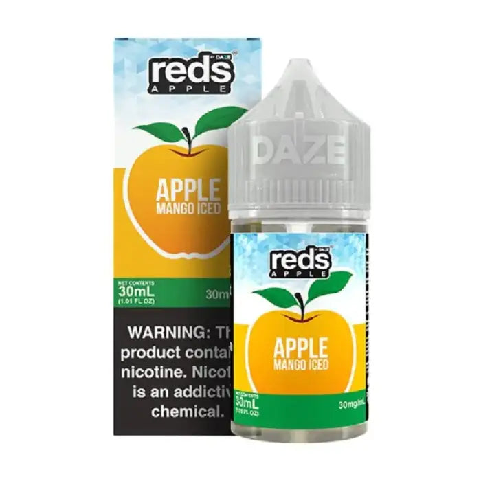 Bottle of Reds Apple Mango Iced e-liquid with its packaging.