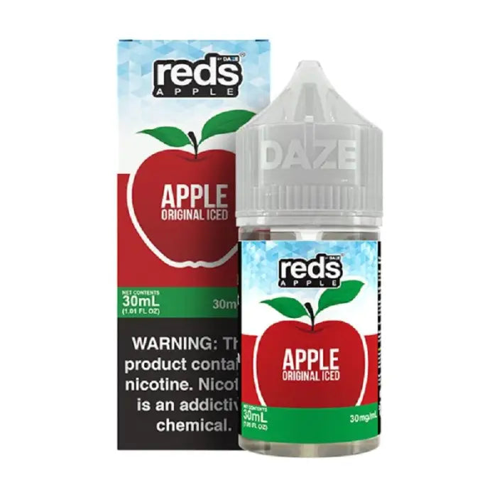 Bottle of Reds Apple e-liquid with its product packaging.