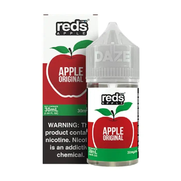 Bottle of Red’s Apple Original e-liquid with its packaging.