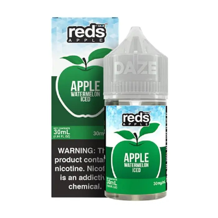 Bottle of Reds Apple Watermelon Iced e-liquid with its packaging.