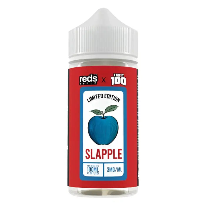 Bottle of ’Reds’ brand e-liquid flavor called ’Slapple’ with a blue apple logo.