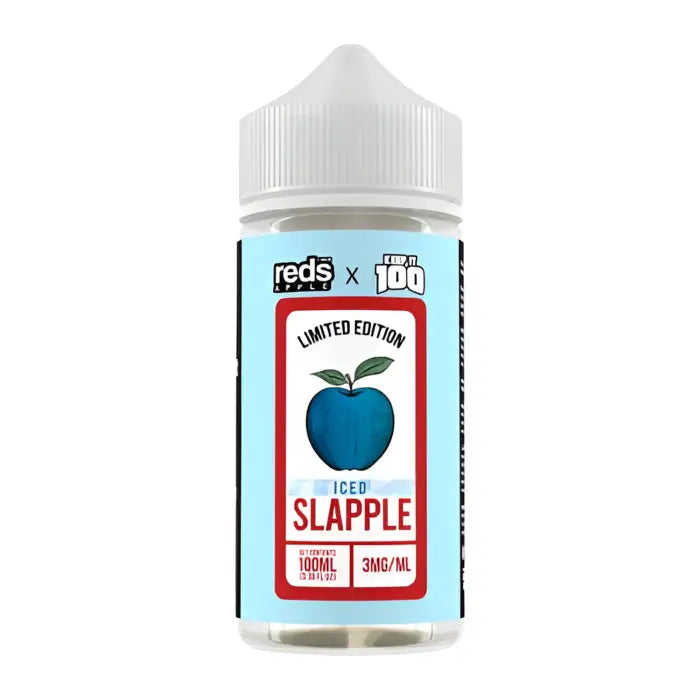 Bottle of e-liquid labeled ’Reds Slapple’ with an apple image on the front.