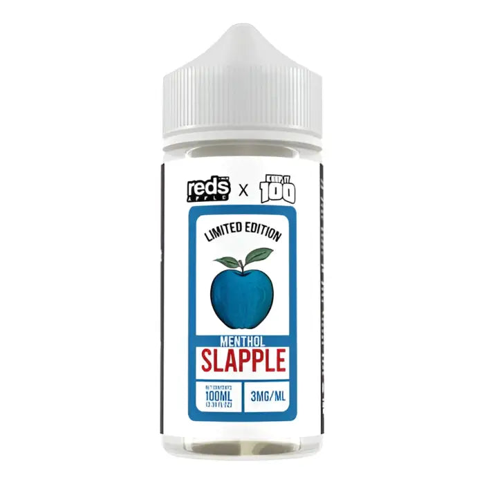 Bottle of e-liquid labeled ’Reds Slapple’ with an apple icon on the front.