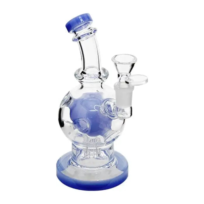 Glass water pipe with blue accents and a spherical chamber.